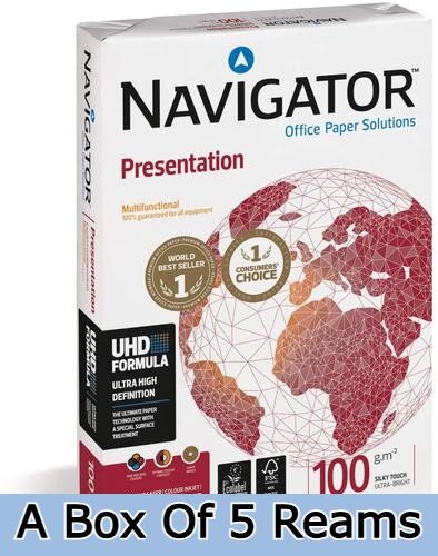 Navigator A4 ream 100gsm with text spelling a box of 5 reams across the bottom